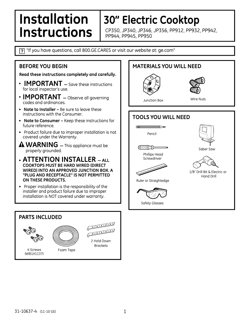 Page 1 of the manual Installation Guide GE JP340WJWW