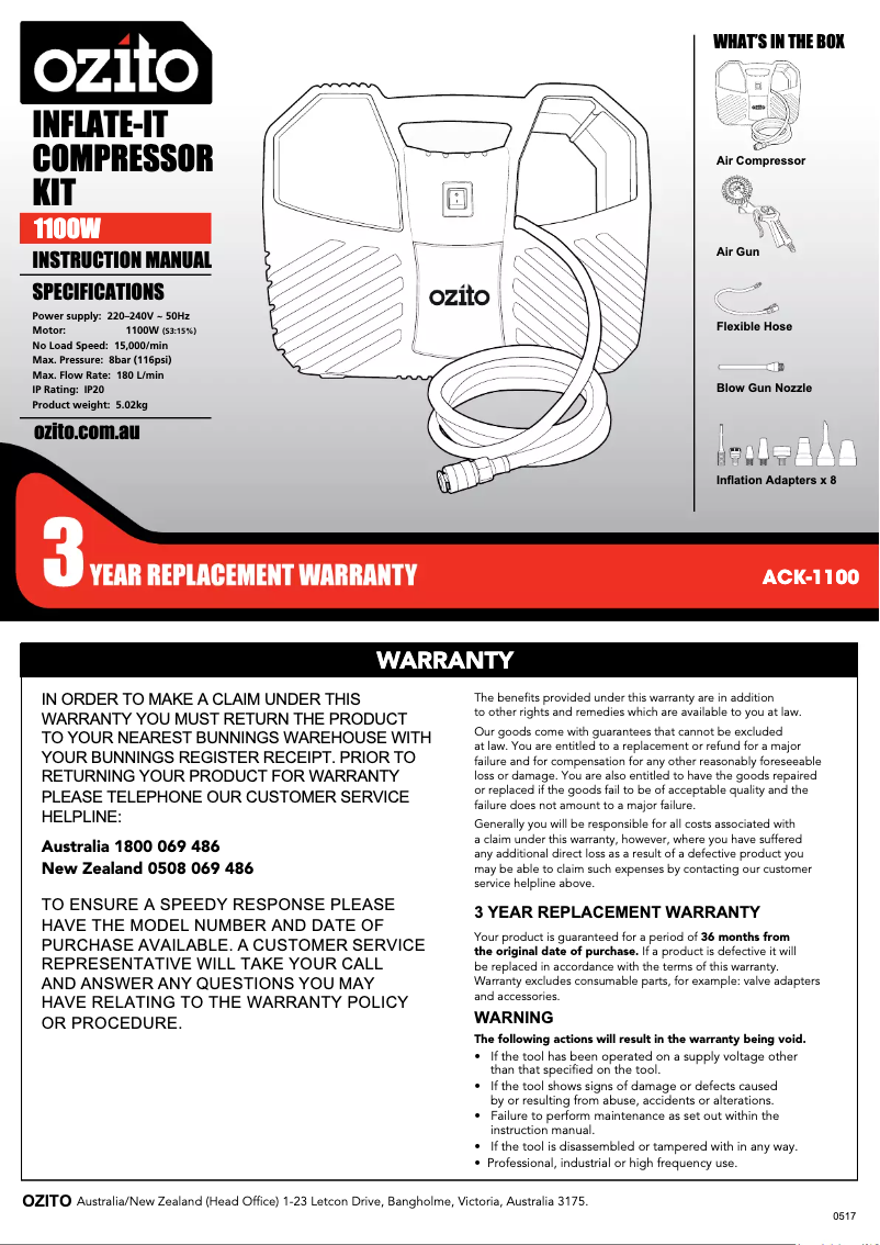 Page n°1 - Manuel utilisateur Ozito ACK-1100