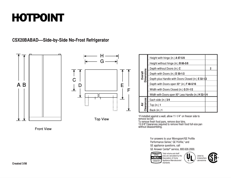 Page 1 of the manual Technical Sheet Hotpoint CSX20BABAD