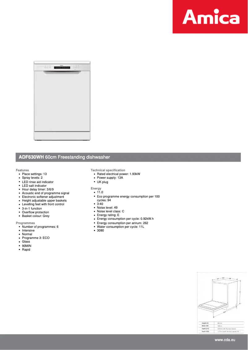 Page n°1 - Fiche technique Amica ADF630WH