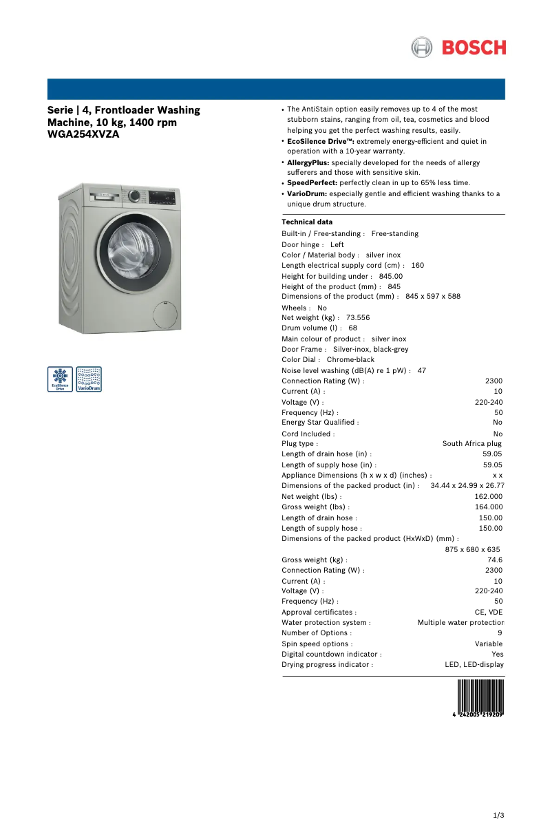 Page 1 de la notice Fiche technique Bosch WGA254XVZA