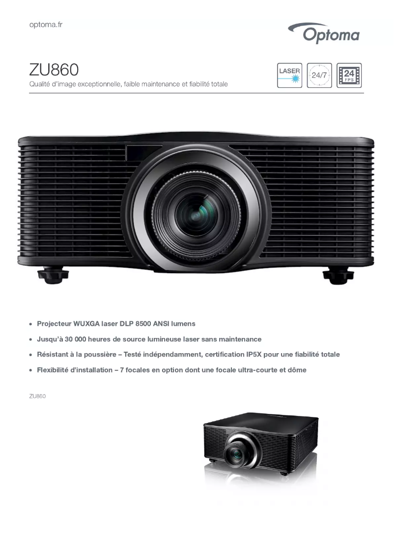 Page 1 de la notice Fiche technique Optoma ZU860