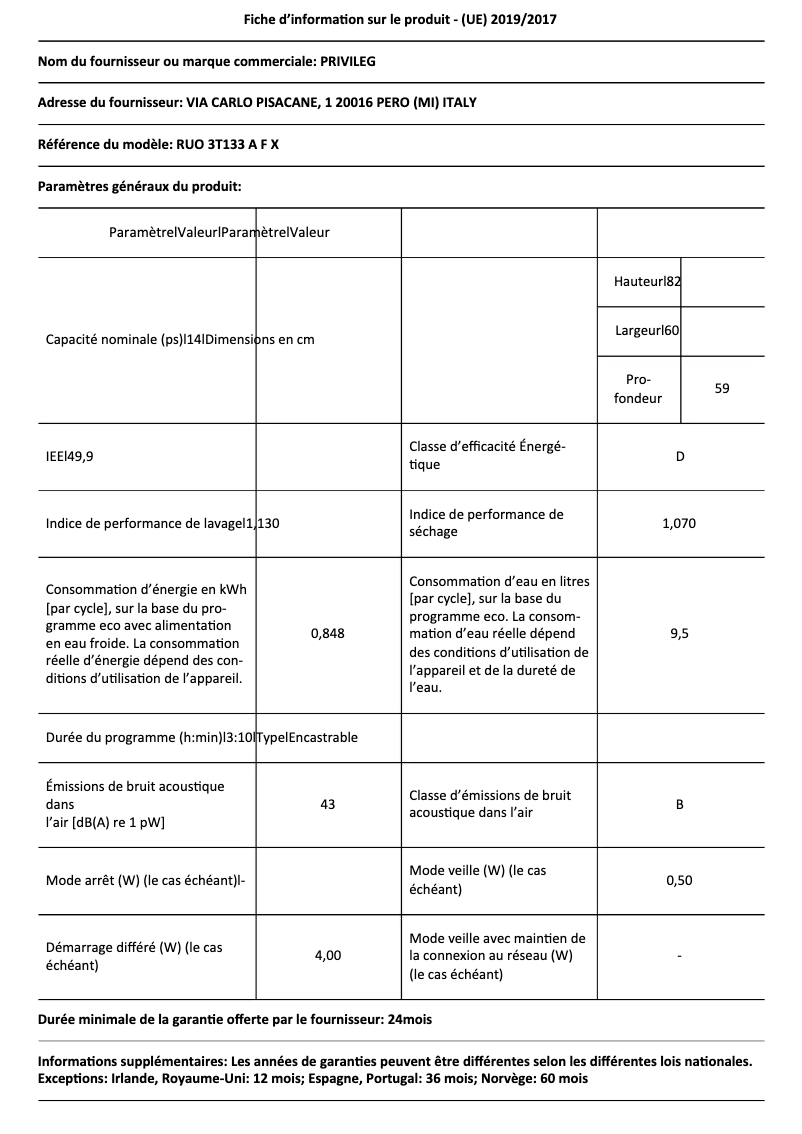Page n°1 - Fiche technique Privileg RUO 3T133 A F X