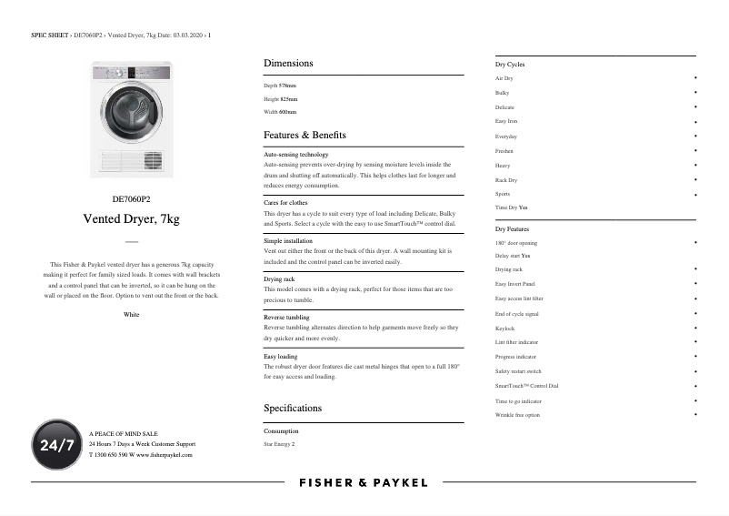Page n°1 - Fiche technique Fisher & Paykel DE7060P2