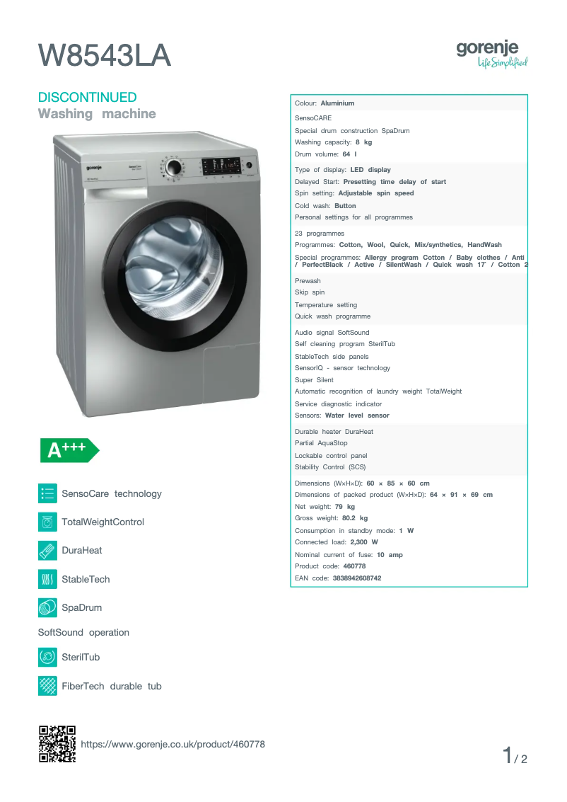 Page n°1 - Fiche technique Gorenje W8543LA