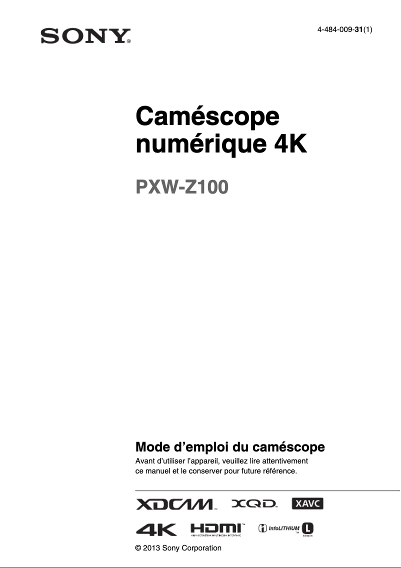 Image de la première page du manuel de l'appareil PXW-Z100