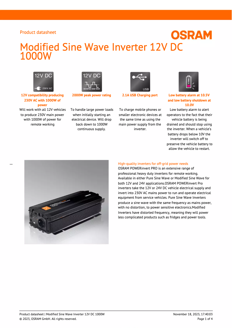 Page 1 de la notice Fiche technique Osram Modified Sine Wave 12V DC 1000W