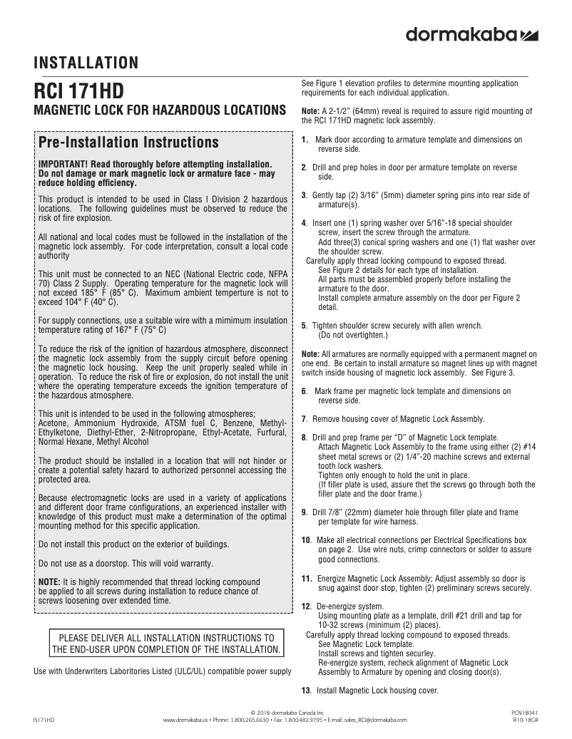 Page 1 de la notice Manuel utilisateur Dormakaba RCI 171HD