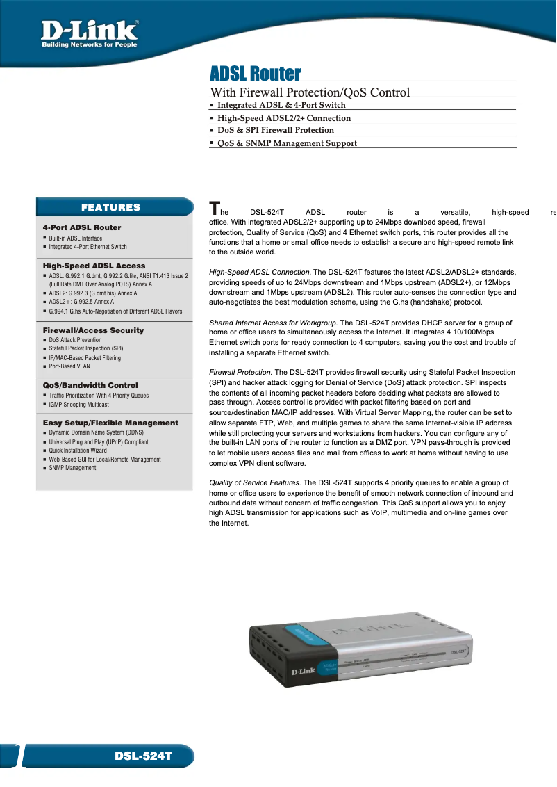 Page 1 de la notice Fiche technique D-Link DSL-524T