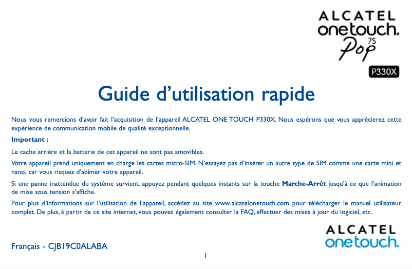 Page 1 de la notice Manuel utilisateur Alcatel One Touch Pop 7s