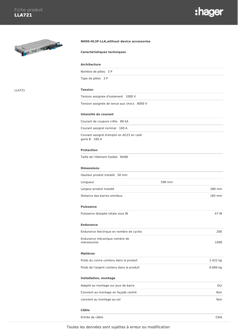 Page 1 de la notice Fiche technique Hager LLA721