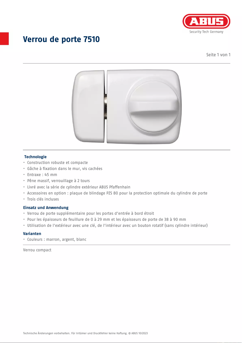 Page 1 de la notice Fiche technique Abus 7510