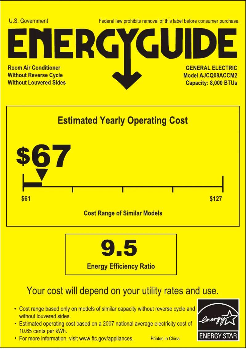Page 1 de la notice Label énergétique GE AJCQ08ACC