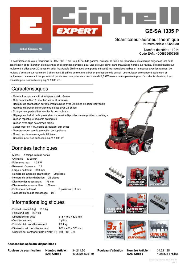Page 1 de la notice Fiche technique Einhell GE-SA 1335 P