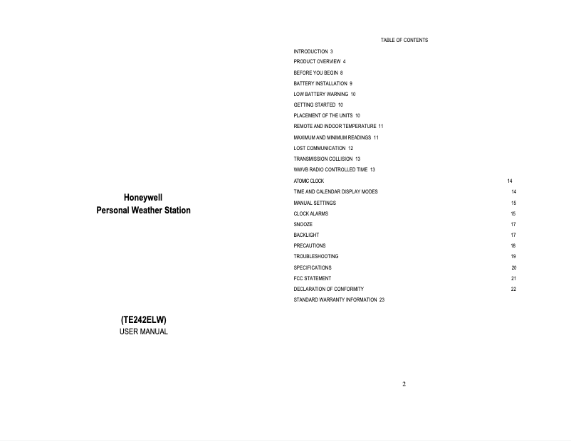 Page n°1 - Manuel utilisateur Honeywell TE242ELW