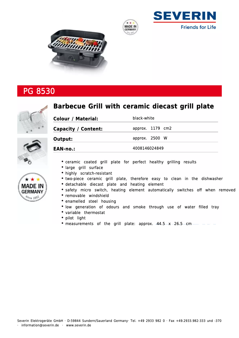 Page 1 de la notice Fiche technique Severin PG 8530