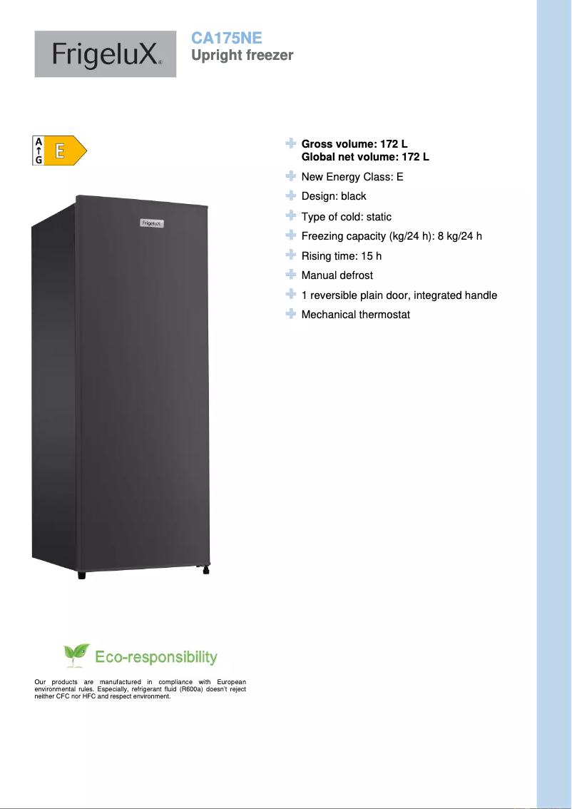 Page 1 de la notice Fiche technique FrigeluX CA175NE