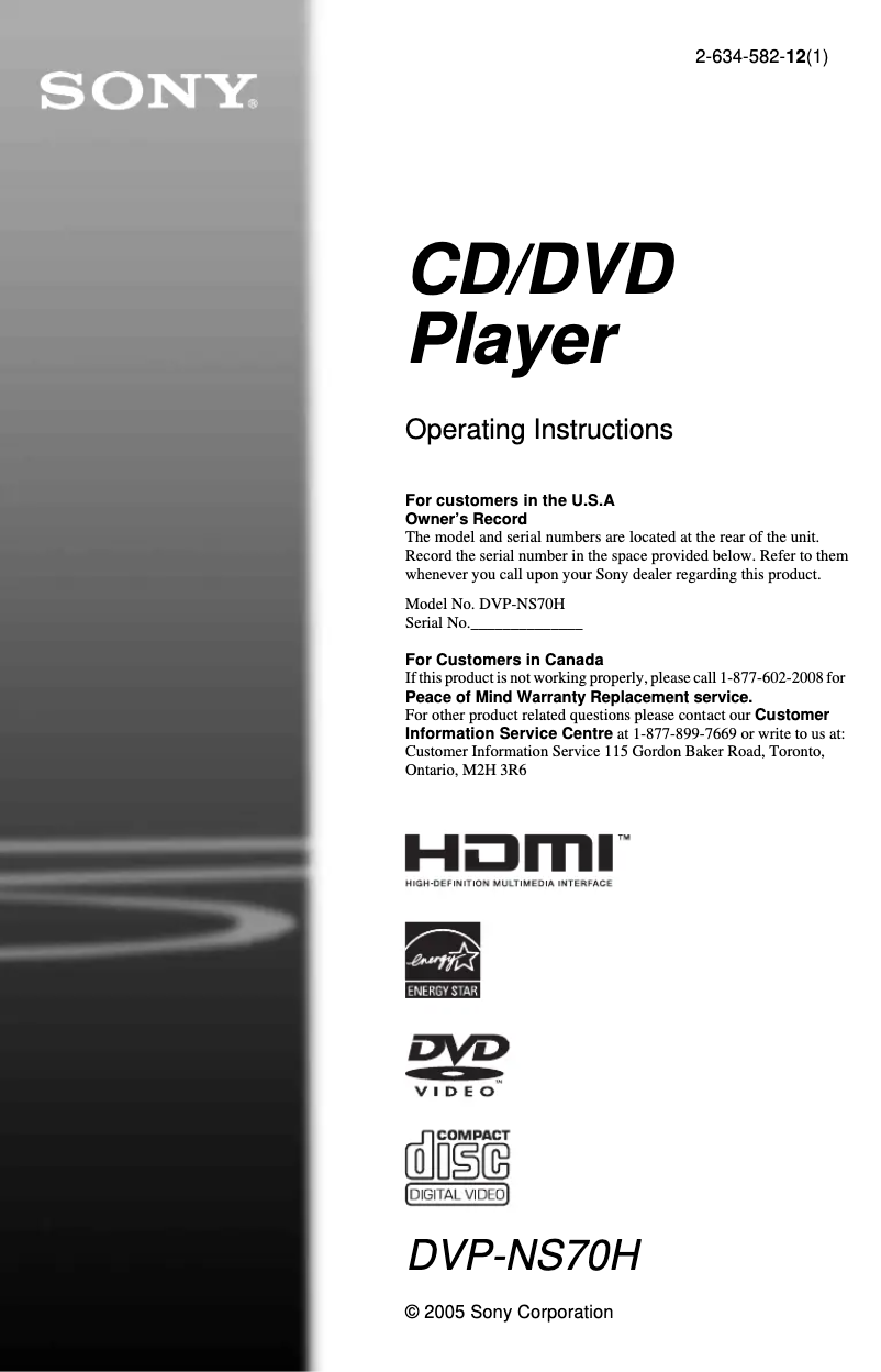Page n°1 - Manuel utilisateur Sony DVP-NS70H