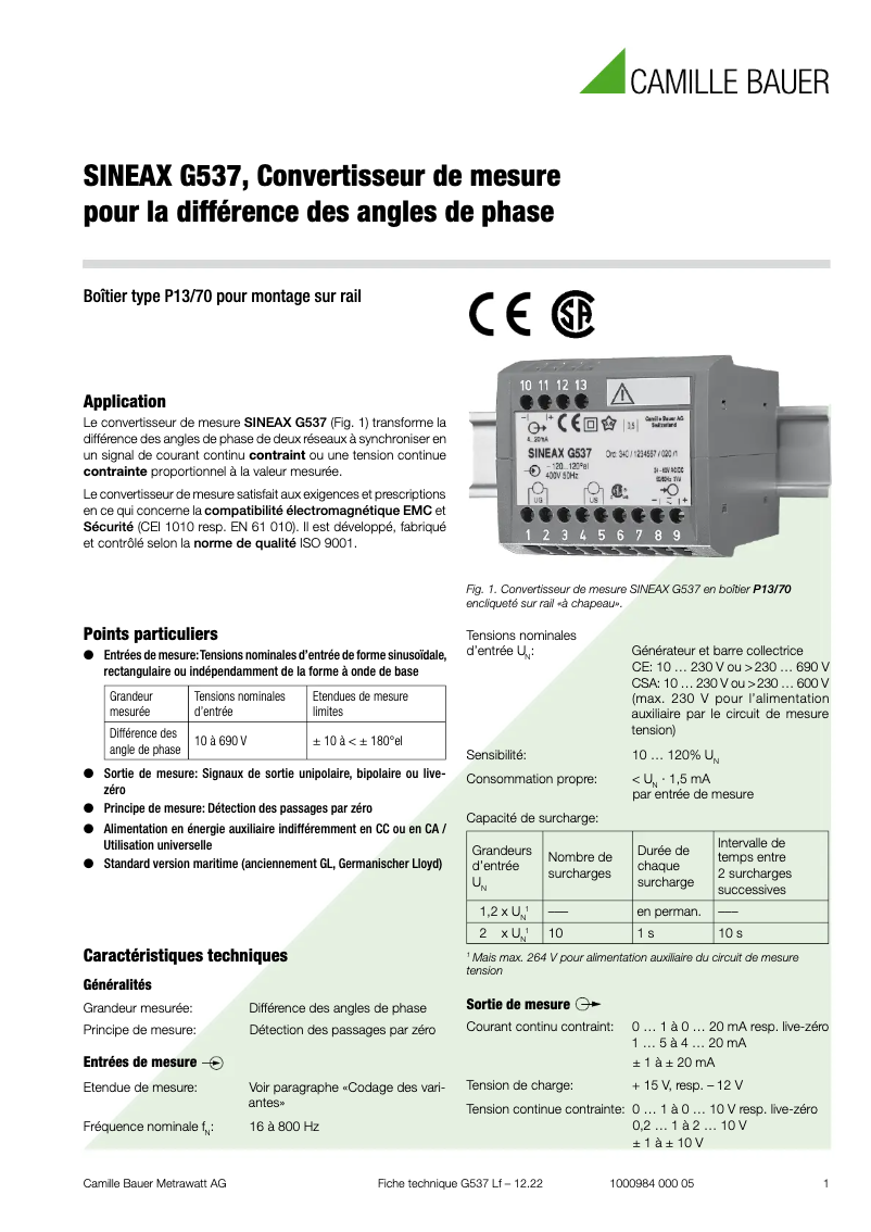 Page 1 de la notice Fiche technique Camille Bauer SINEAX G537