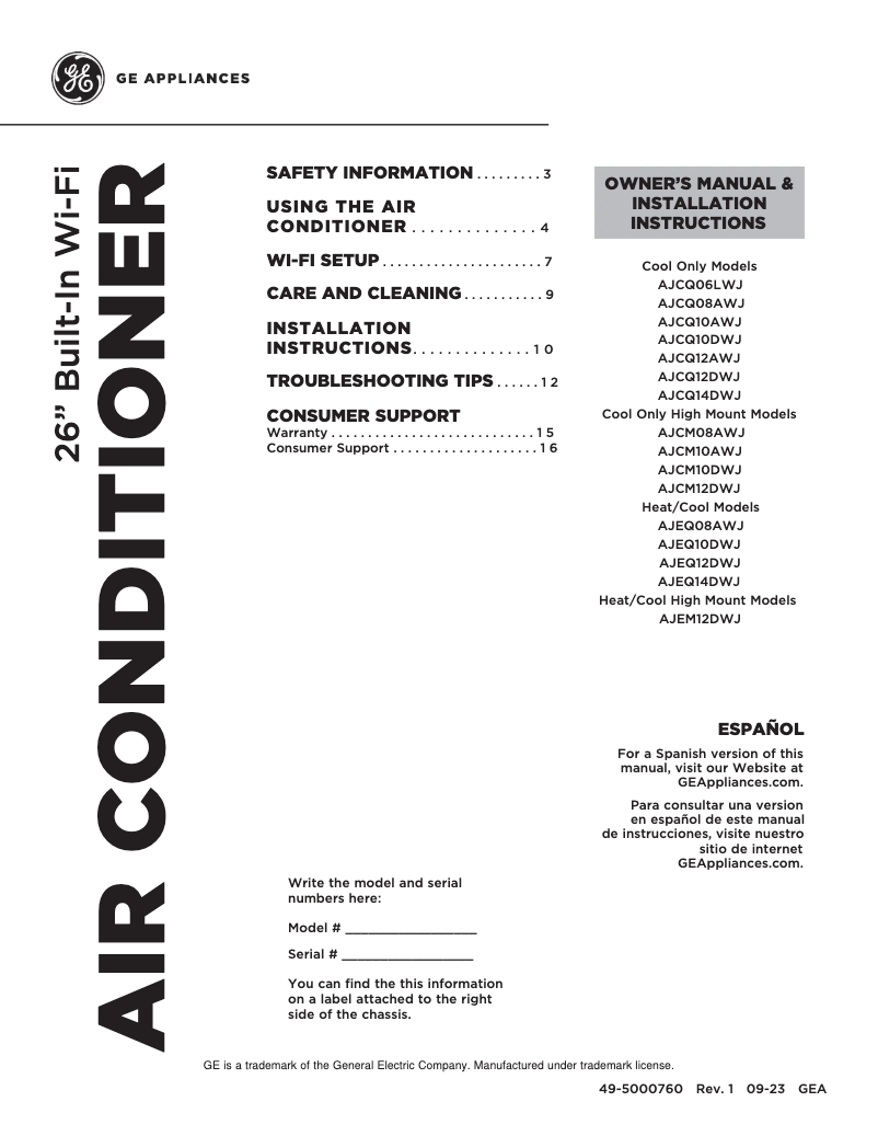 Page n°1 - Guide d'installation GE AJEQ12DWJ