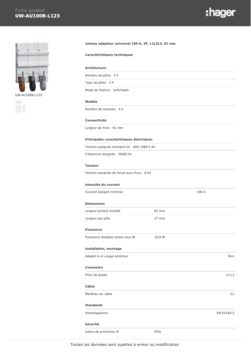 Page 1 de la notice Manuel utilisateur Hager UW-AU100B-L123