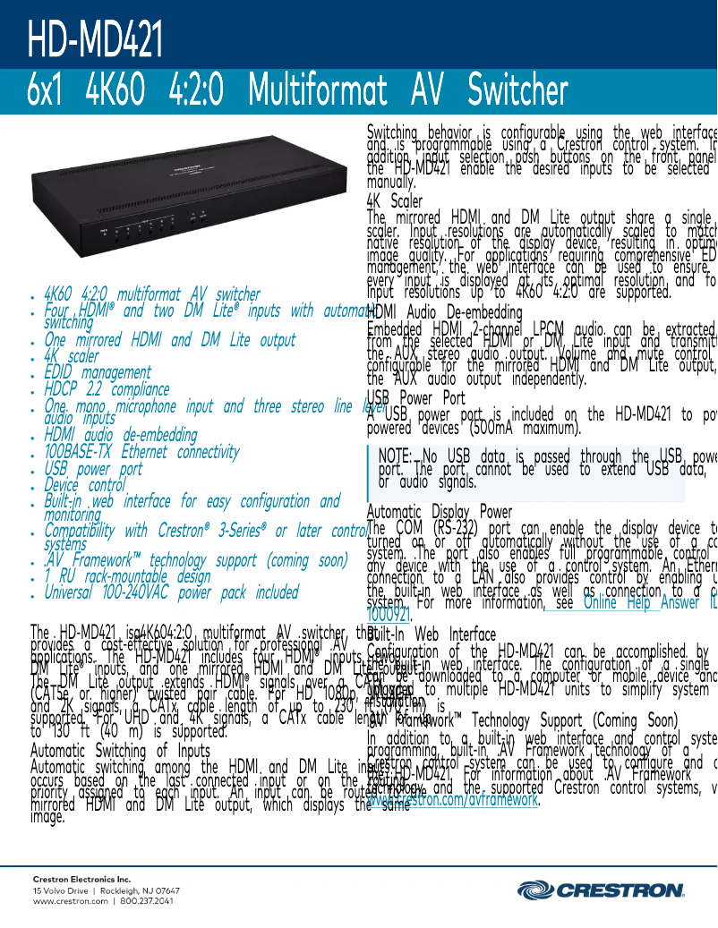 Page 1 de la notice Fiche technique Crestron HD-MD421