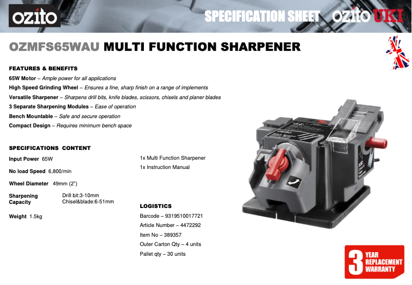 Página 1 del manual Ficha técnica Ozito OZMFS65WAU