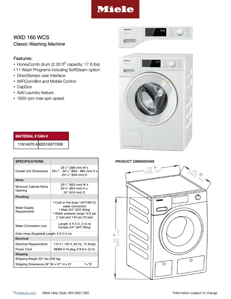 Page 1 de la notice Fiche technique Miele WXD 160 WCS