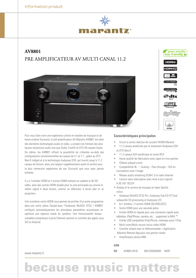 Page 1 de la notice Fiche technique Marantz AV8801