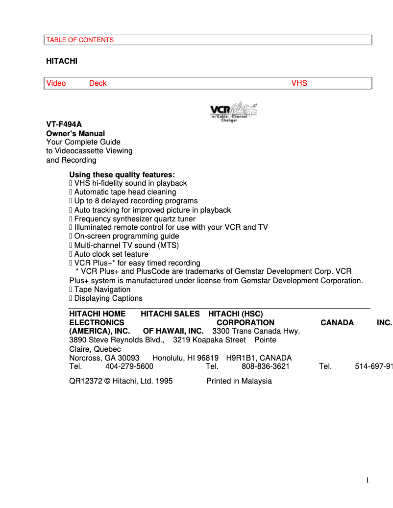 Page 1 de la notice Manuel utilisateur Hitachi VT-F494A