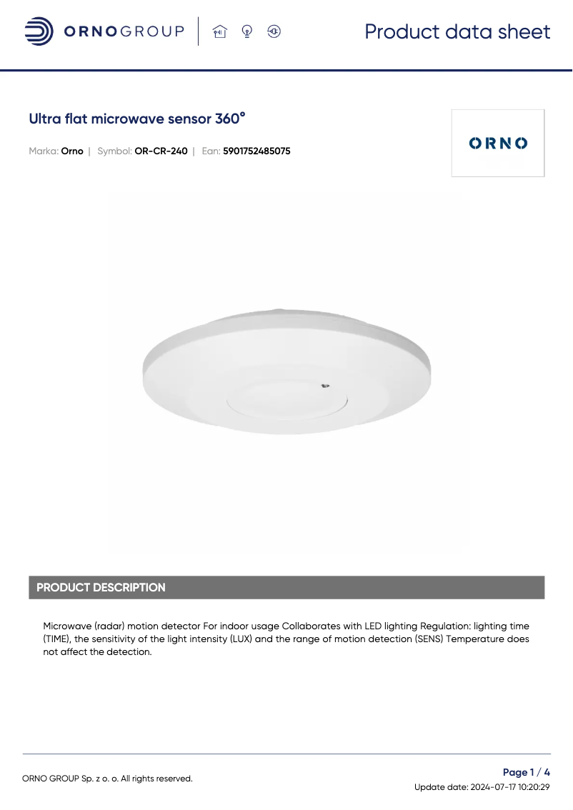 Page 1 de la notice Fiche technique ORNO OR-CR-240