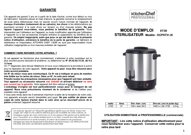 Page n°1 - Manuel utilisateur Kitchen Chef KCPST31.IX