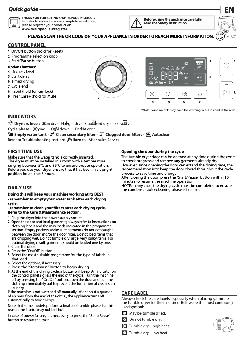 Página 1 del manual Manual de uso y mantenimiento Whirlpool FFT M11 9X3BY BE