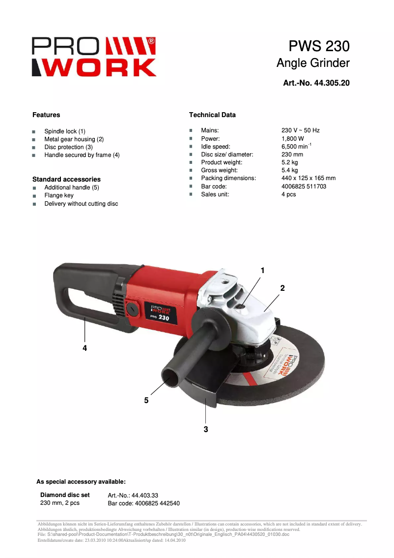 Page 1 de la notice Manuel utilisateur Prowork PWS 230
