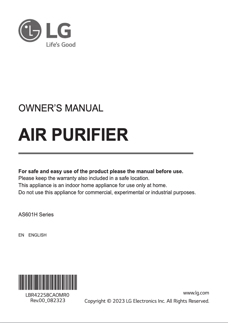 Page 1 de la notice Manuel utilisateur LG PuriCare AS601HWV0