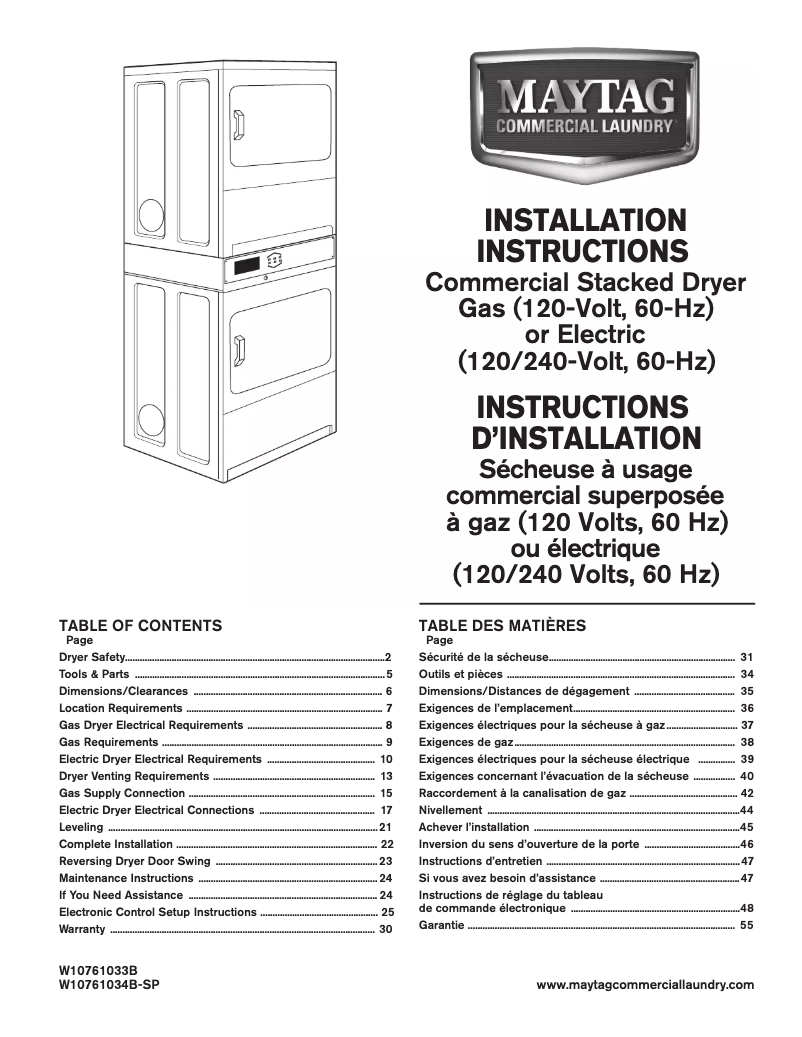 Page n°1 - Guide d'installation Maytag MLG26PDBWW
