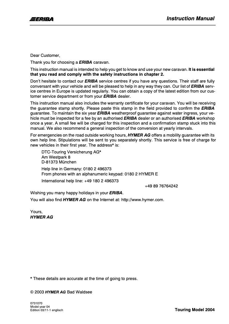 Page 1 de la notice Manuel utilisateur Eriba Triton 430 GT (2004)