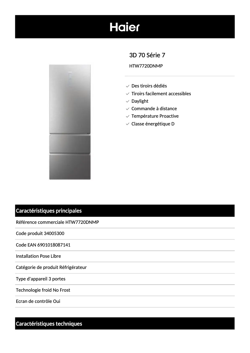Page 1 de la notice Fiche technique Haier HTW7720DNMP