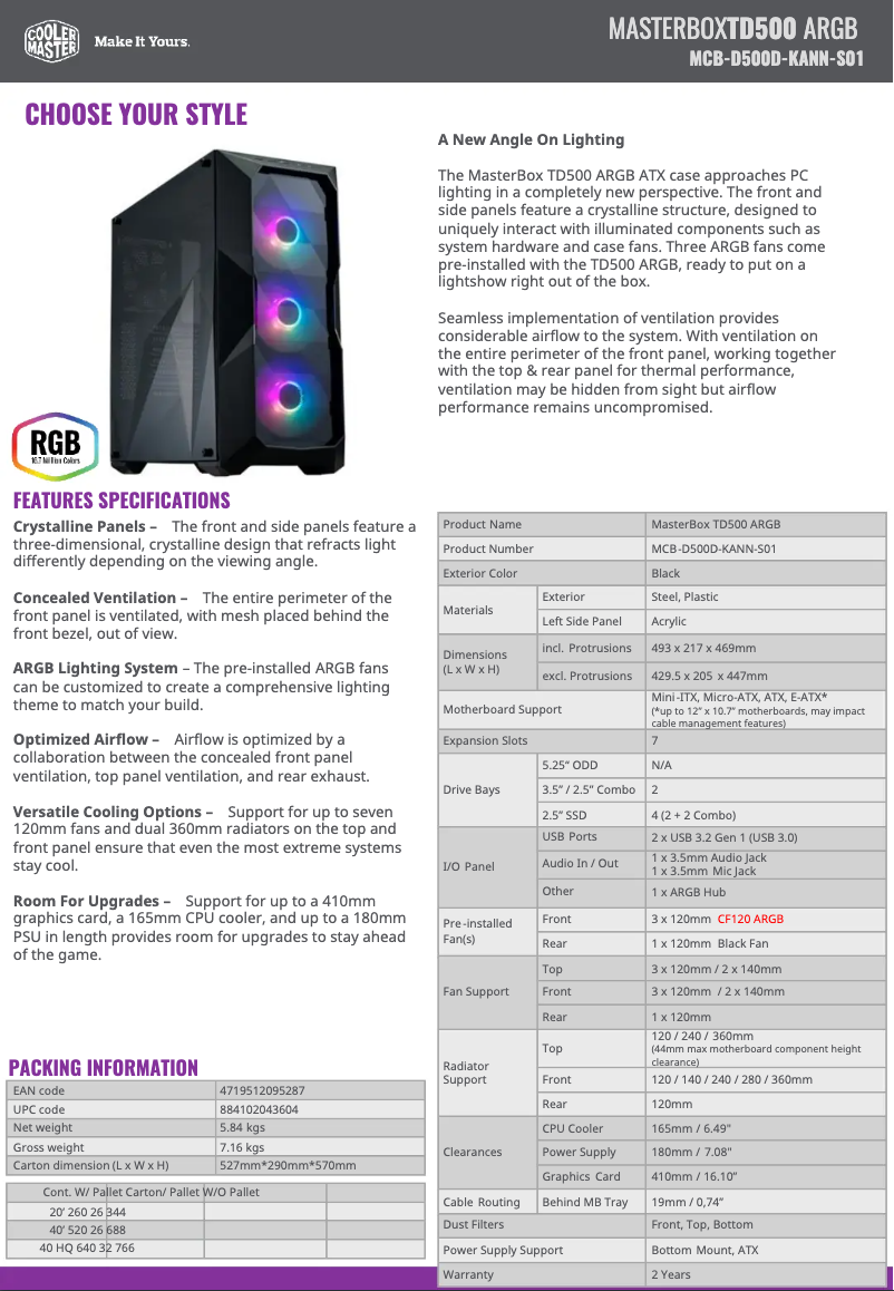 Page n°1 - Fiche technique Cooler Master MasterBox TD500 ARGB