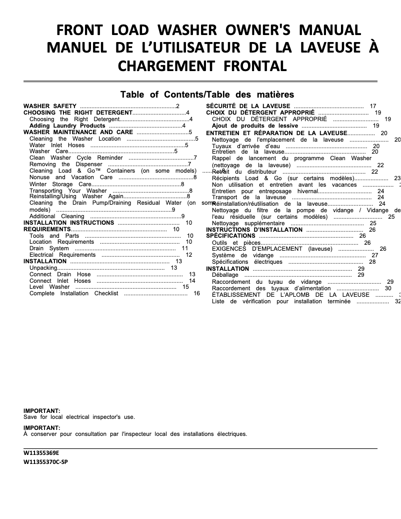 Page 1 de la notice Fiche technique Whirlpool WFW8620HW