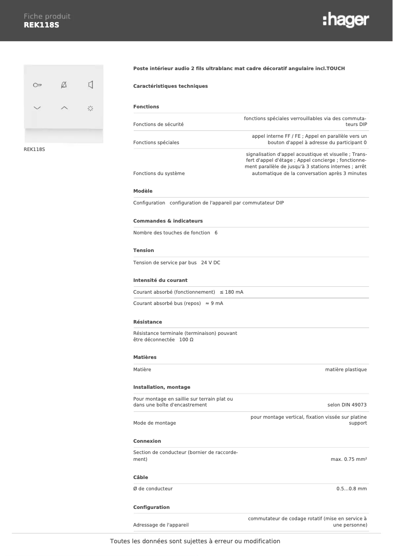Page 1 de la notice Fiche technique Hager REK118S