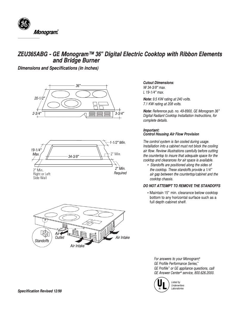 Page 1 of the manual Technical Sheet GE ZEU365ABG