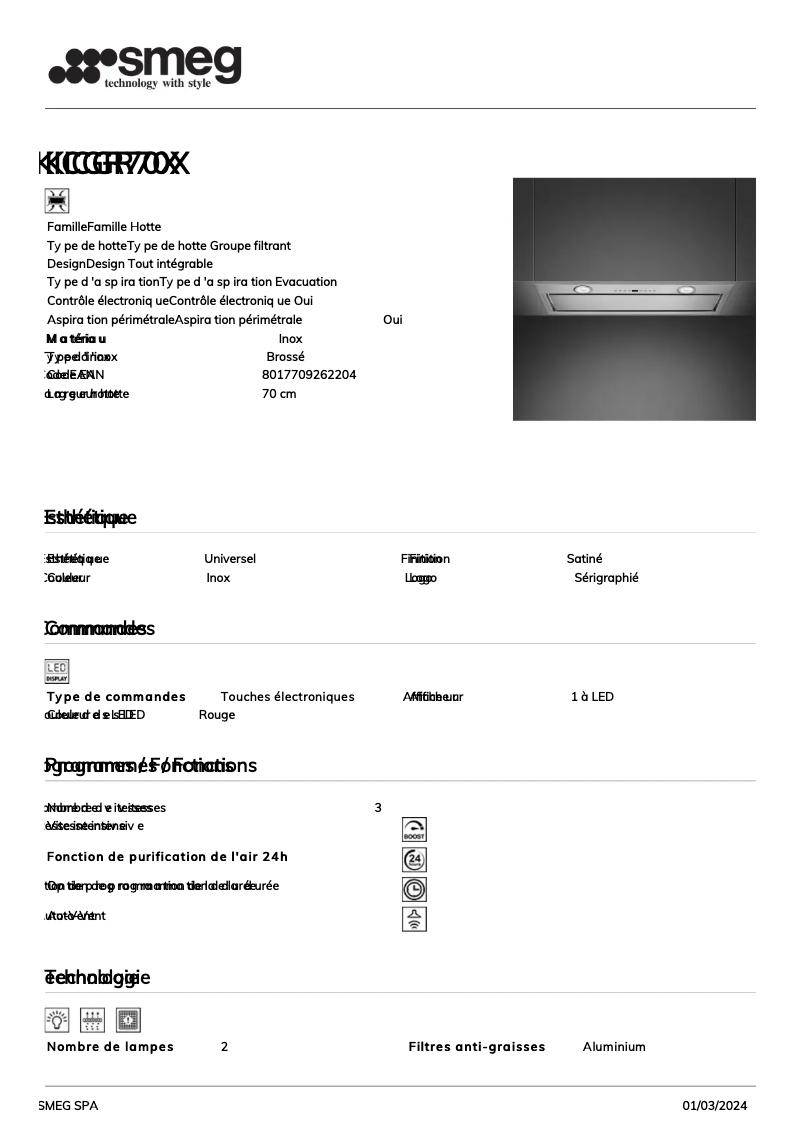 Page 1 de la notice Fiche technique Smeg KICGR70X
