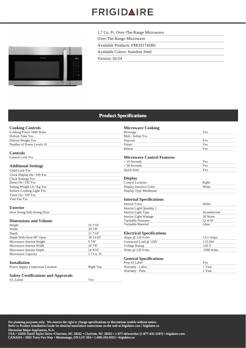 Page 1 de la notice Fiche technique Frigidaire FMOS1745BS