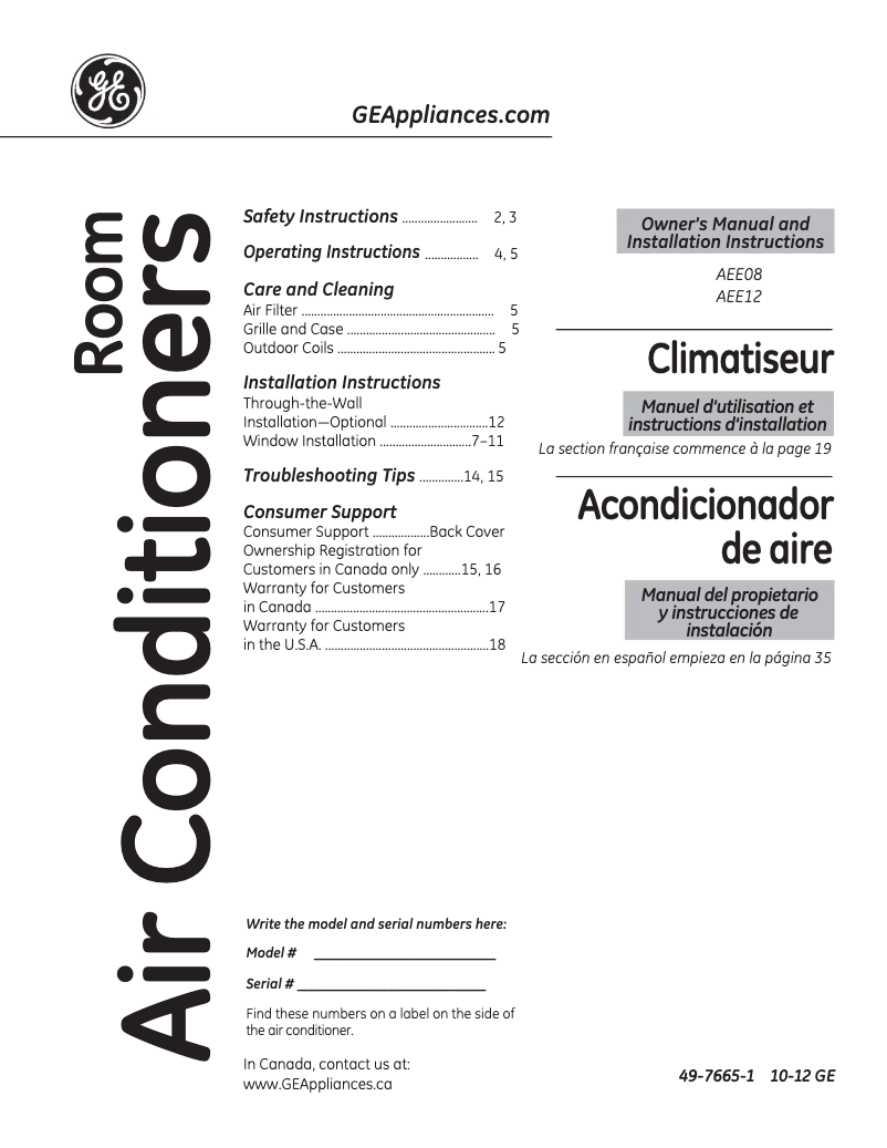 Page n°1 - Guide d'installation GE AEE08AQ