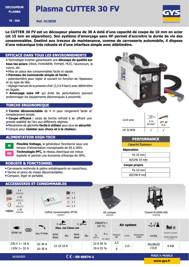 Página 1 del manual Ficha técnica GYS Cutter 30 FV
