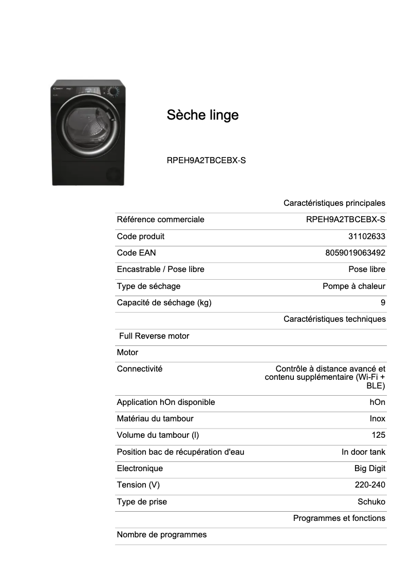 Page 1 de la notice Fiche technique Candy RPEH9A2TBCEBX-S