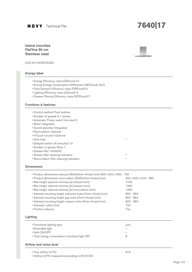 Page 1 de la notice Fiche technique Novy Flat'line 7640