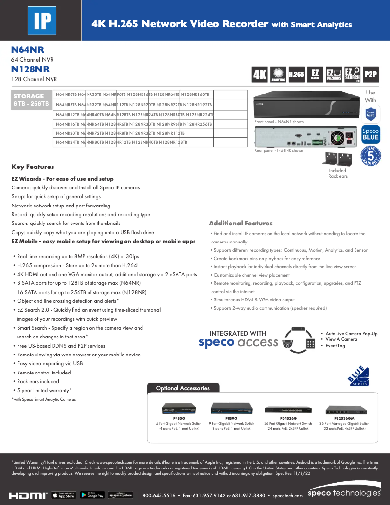 Page 1 de la notice Fiche technique Speco Technologies N128NR