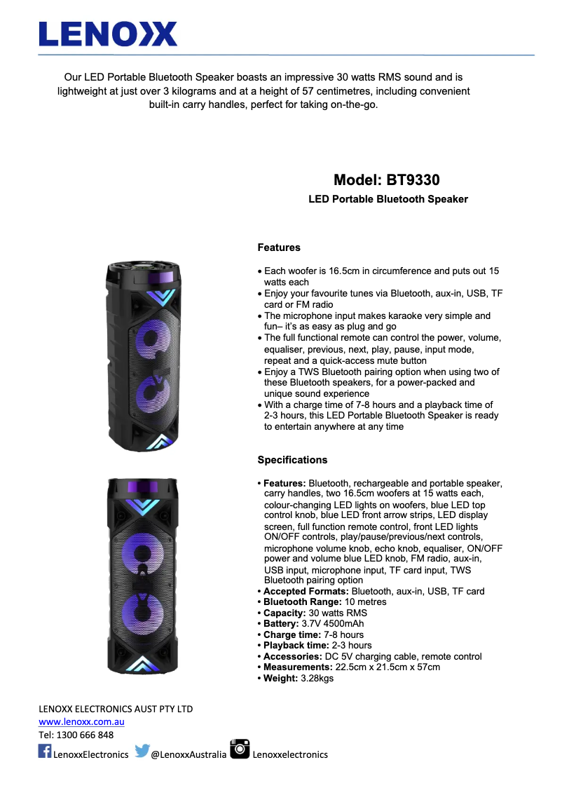 Page 1 de la notice Manuel utilisateur Lenoxx BT9330